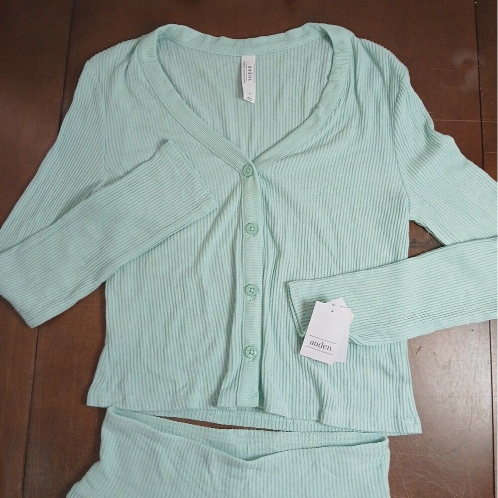 Auden Women's Mint Green Ribbed Pajama Set Shorts and Long Sleeve Cardigan S NWT - Picture 2 of 7